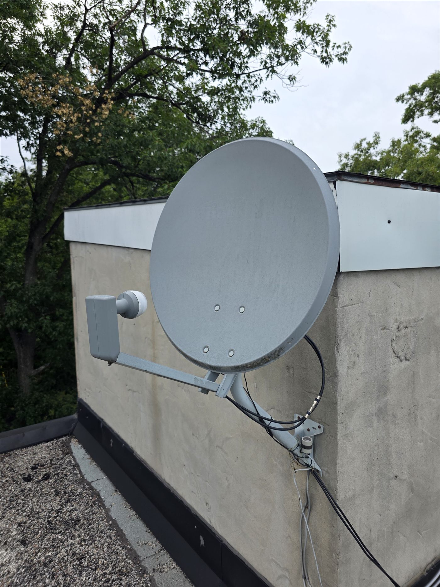 Satellite dish professionally installed on a flat rooftop